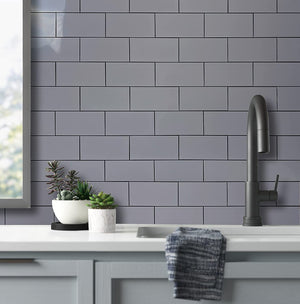 3''x6'' Polished Grey Ceremic Look Thick PVC Tile With Faux Black Grout