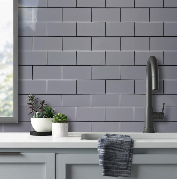 Polished Grey Ceremic Look Thick PVC Tile With Faux Black Grout