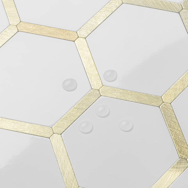 Polished White Ceramic Look Hexagon PVC Tile Mixed Light Golden Metal Chips - Canada