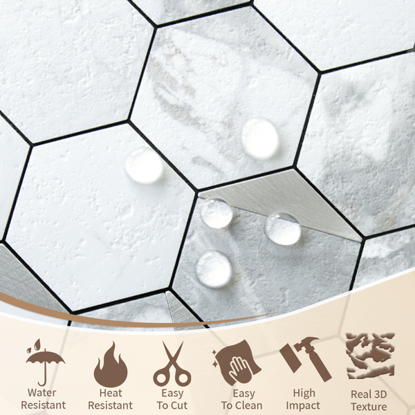 White Marble Hexagon PVC Tile Mixed Metal Silver