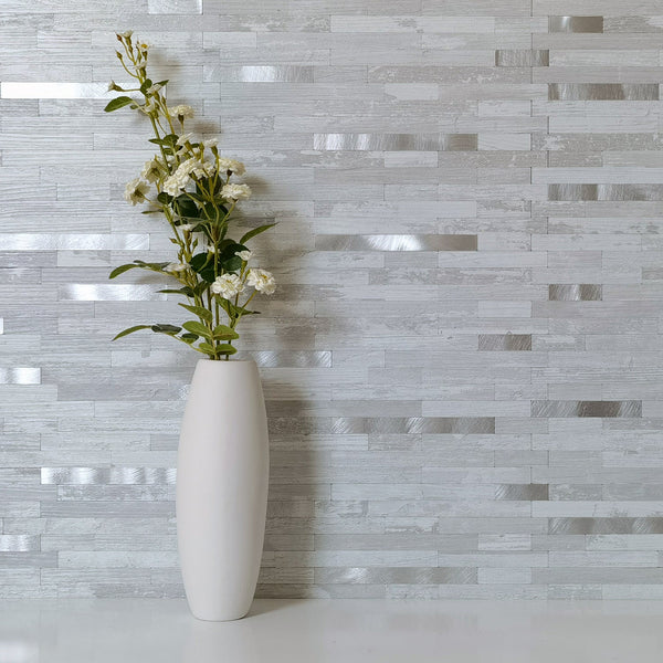 White Birch Stacked PVC Tile Mixed Silver Metal Chips - Canada