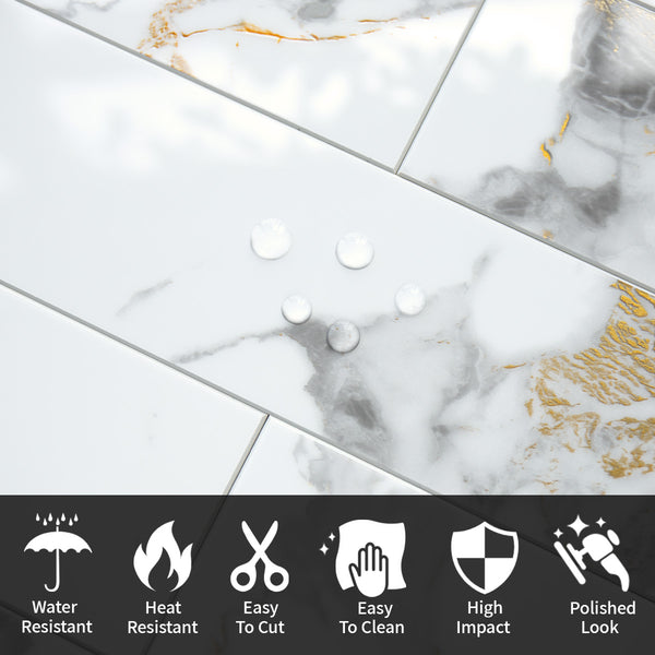 Polished White Marble with Gold Veinings 3‘’x12''Subway PVC Tile