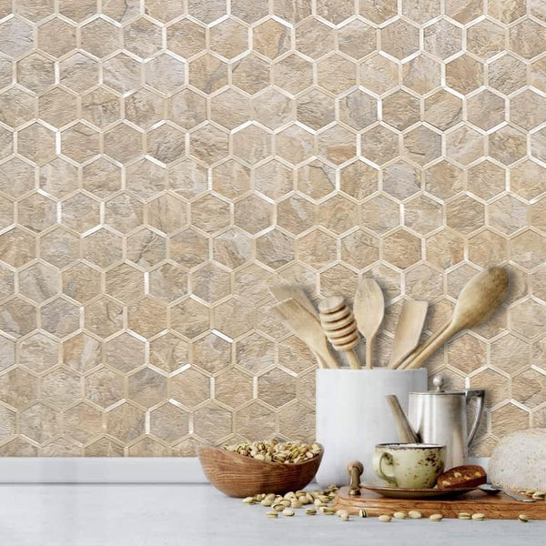 Beige Sandstone Hexagon PVC Tile Mixed light Golden Metal Chips