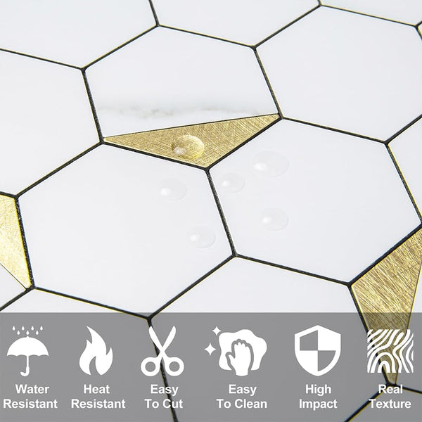 White Marble Look Hexagon PVC Mixed Golded Metal Chips - UK