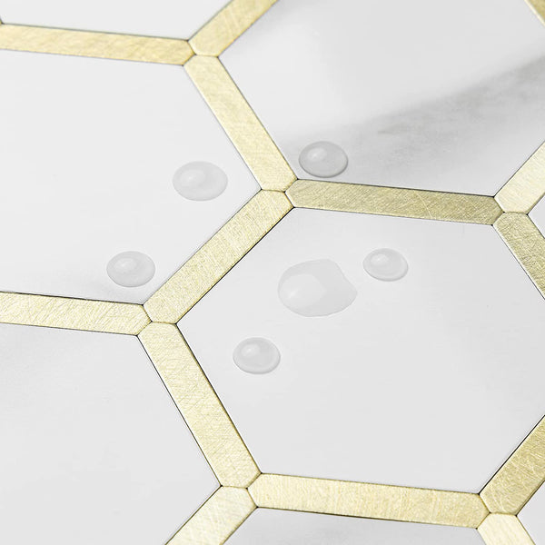 Polished White Marble Look Hexagon PVC Mixed Light Golded Metal Chips - CA