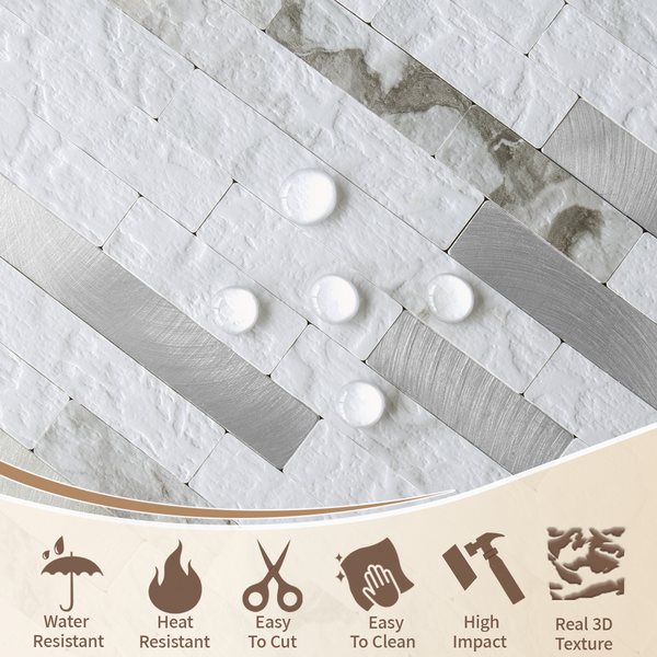 White Marble Stacked Linear PVC Mixed Silver Metal Chips
