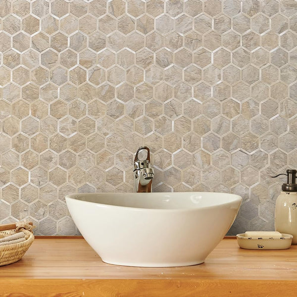 Beige Sandstone Hexagon PVC Tile Mixed light Golden Metal Chips