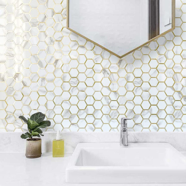 Polished White Marble Look Hexagon PVC Mixed Light Golded Metal Chips - CA