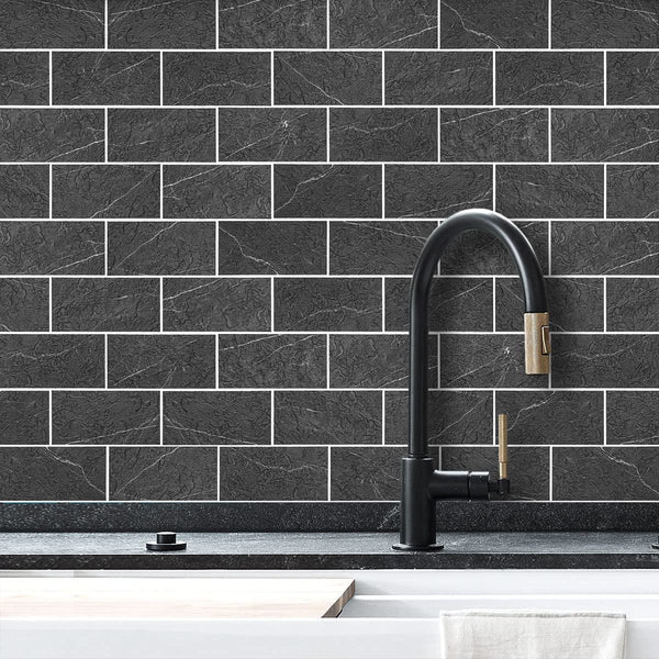 Black Faux Stone Subway PVC Tile With White Faux Grout - Canada