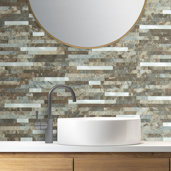 Beige & Brown Stacked Linear PVC Tile Mixed Metal Silver