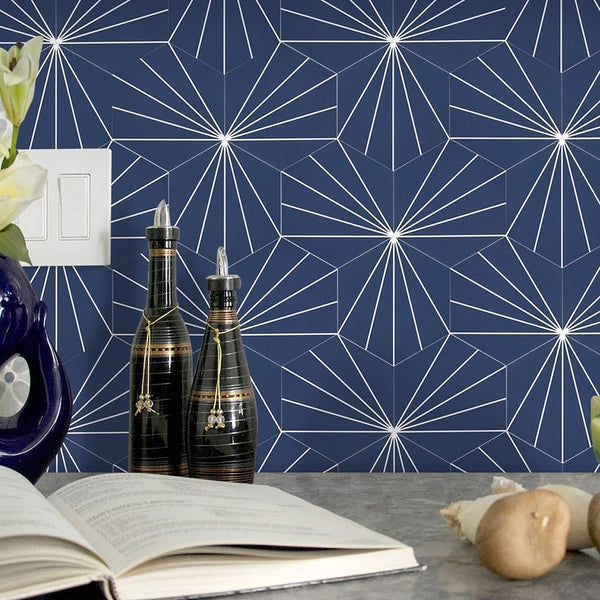 Navy Blue Star Burst Hexagon PVC Tile