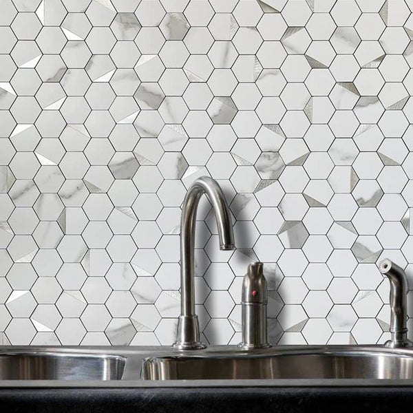 White Marble Look Hexagon PVC Mixed Silver Metal Chips