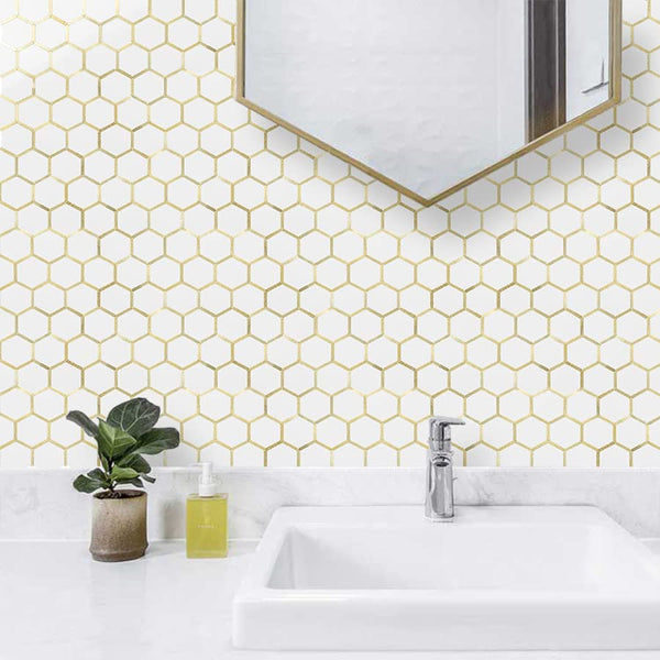 Polished White Ceramic Look Hexagon PVC Tile Mixed Light Golden Metal Chips