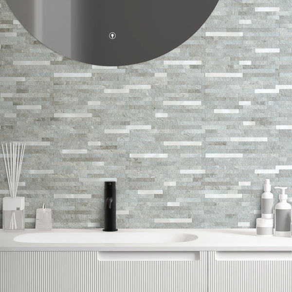 Grey Mountain Rock Stacked Linear PVC Tile Mixed Metal Silver