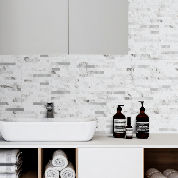 White Marble Stacked Linear PVC Mixed Silver Metal Chips