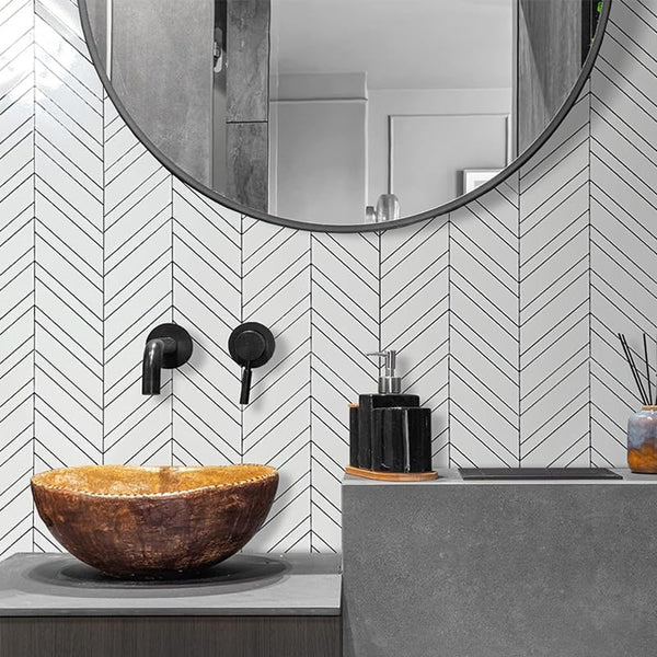 Polished White Ceramic Look Chevron PVC Tile with Faux Grout Line Built-in - Canada