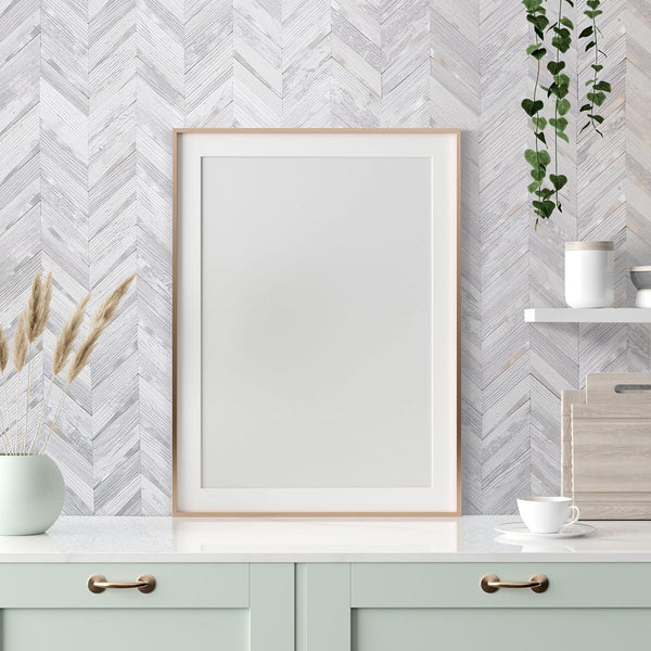 White Birch Chevron PVC Tile Mixed Silver Metal Chips