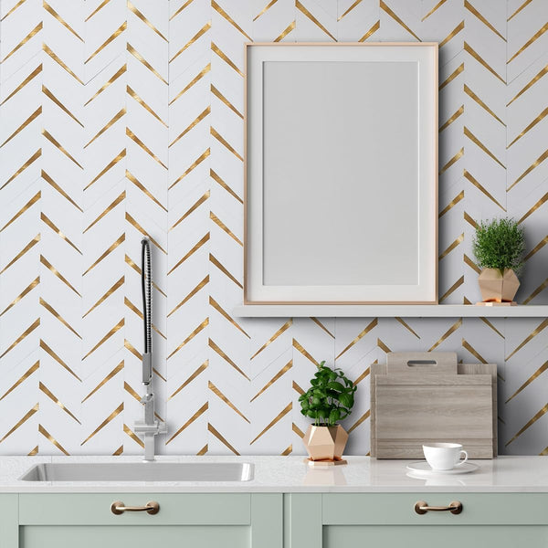 Polished White Herringbone PVC Tile Mixed Golden Chips