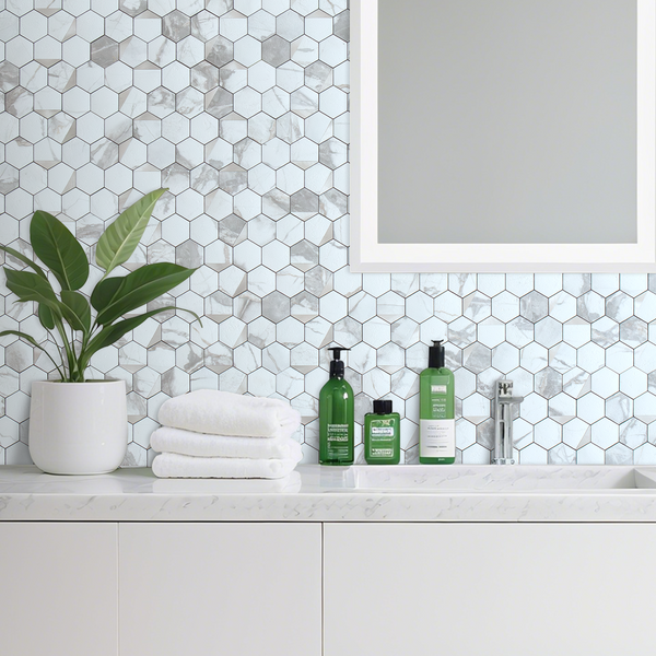 White Marble Hexagon PVC Tile Mixed Metal Silver