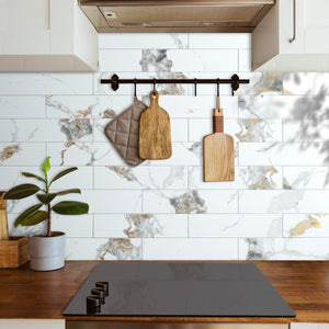 3''x12'' Polished White Marble with Gold Veinings 3‘’x12''Subway PVC Tile