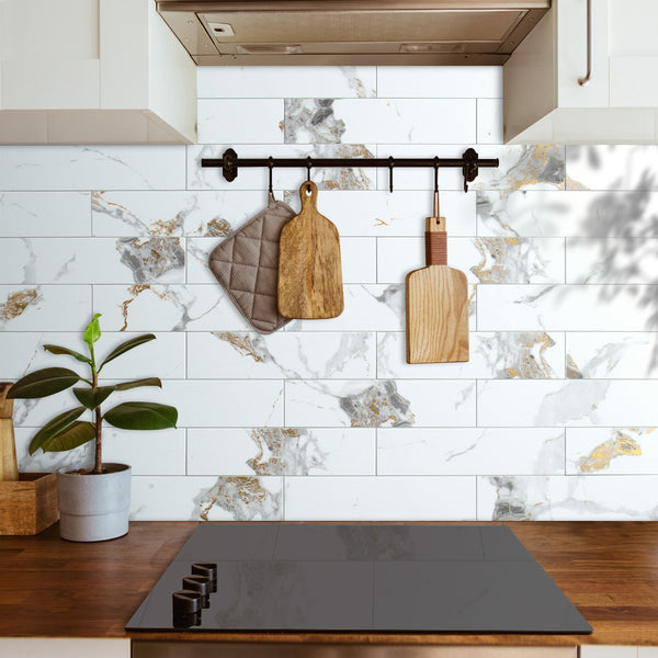 Polished White Marble with Gold Veinings 3‘’x12''Subway PVC Tile