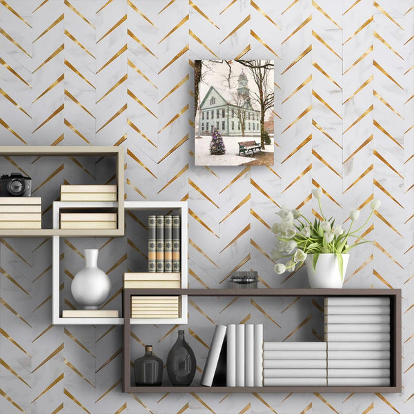 Polished White Marble Look Chevron PVC Tile Mixed with Metal Golden Chips