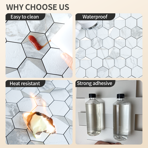 White Marble Hexagon PVC Tile Mixed Metal Silver