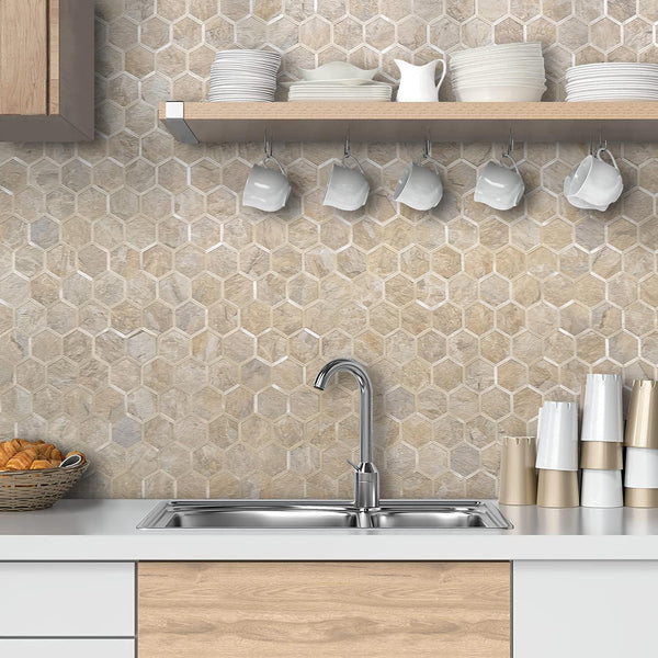 Beige Sandstone Hexagon PVC Tile Mixed light Golden Metal Chips