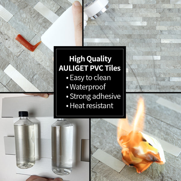 Grey Mountain Rock Stacked Linear PVC Tile Mixed Metal Silver