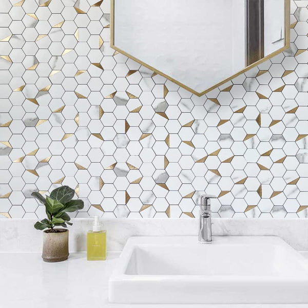 White Marble Look Hexagon PVC Mixed Golded Metal Chips