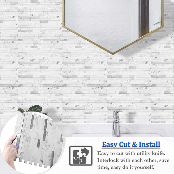 White Marble Look Stacked PVC Tile Mixed Silver Metal Chips - Canada