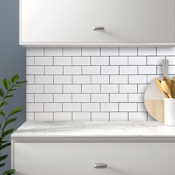 Matte White Stone Texture Subway PVC Tile With Faux Black Grout - Canada