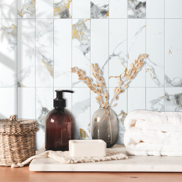 Polished White Marble with Gold Veinings 3‘’x12''Subway PVC Tile