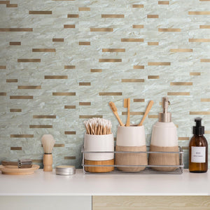 Light Brown Marble Look PVC Stacked Tile Mixed Bronze Metal Chips