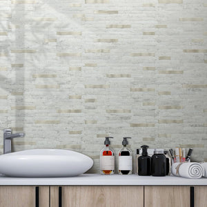 Light Beige Faux Stone PVC Stacked Tile Mixed Light Gold Metal Chips