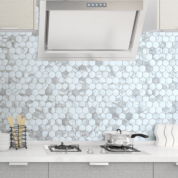 White Marble Hexagon PVC Tile Mixed Metal Silver