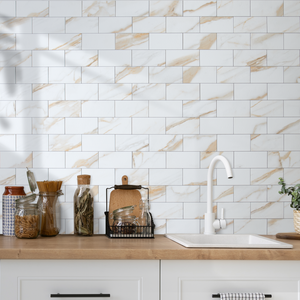 3‘’x6'' Calacatta Gold Marble PVC Subway Tile with Faux Gray Grout Line
