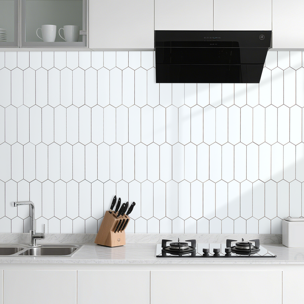 Polished White Ceramic Look Elongated Hexagon PVC Tile