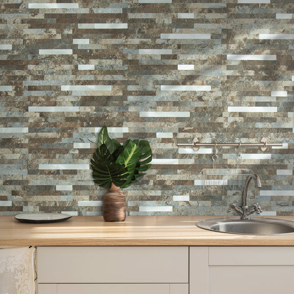 Beige & Brown Stacked Linear PVC Tile Mixed Metal Silver