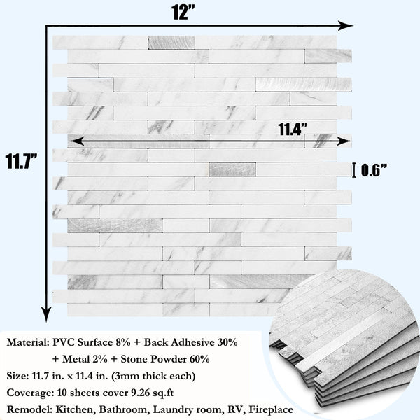 White Marble Look Stacked PVC Tile Mixed Silver Metal Chips - Canada