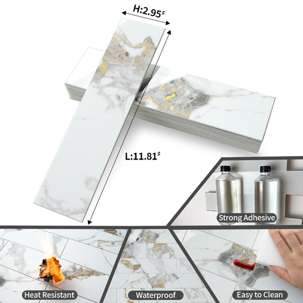 Polished White Marble with Gold Veinings 3‘’x12''Subway PVC Tile