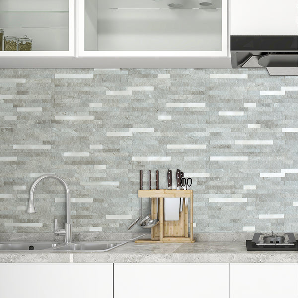 Grey Mountain Rock Stacked Linear PVC Tile Mixed Metal Silver