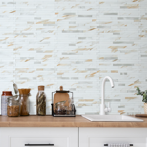 Calacatta Gold Marble PVC Stacked Tile Mixed Metal Silver Chips