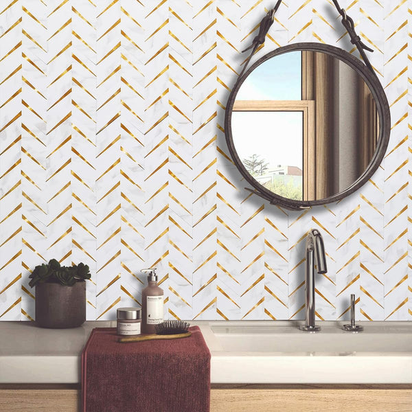 Polished White Marble Look Chevron PVC Tile Mixed with Metal Golden Chips