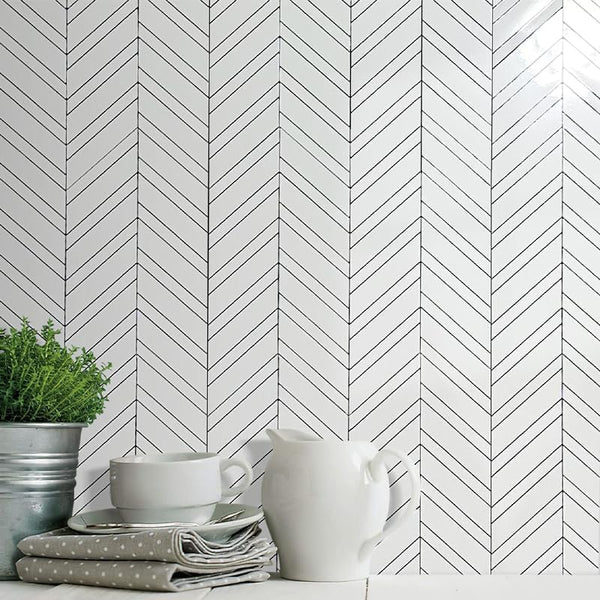 Polished White Ceramic Look Chevron PVC Tile with Faux Grout Line Built-in