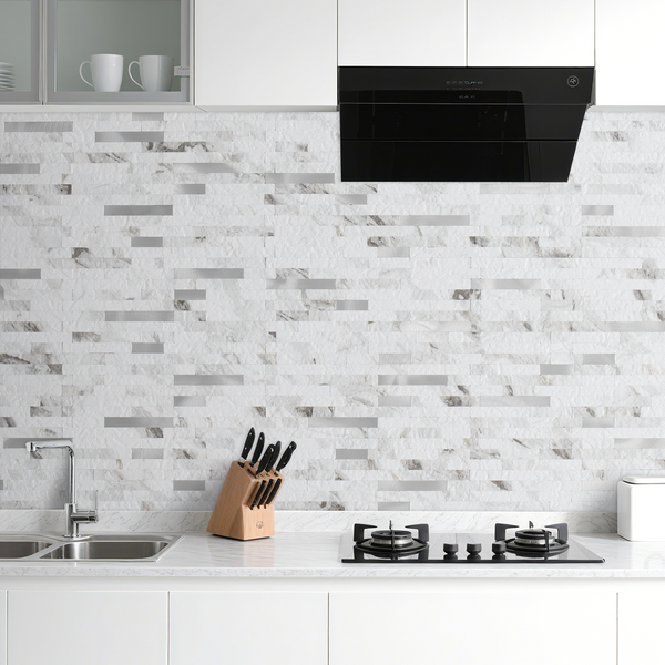White Marble Stacked Linear PVC Mixed Silver Metal Chips