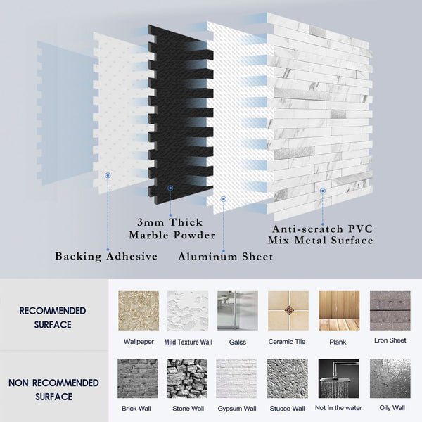 White Marble Look Stacked PVC Tile Mixed Silver Metal Chips - Canada