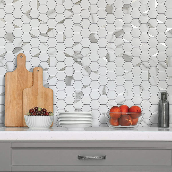 White Marble Look Hexagon PVC Mixed Silver Metal Chips - UK