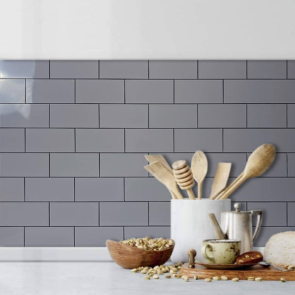 Polished Grey Ceremic Look Thick PVC Tile With Faux Black Grout - UK