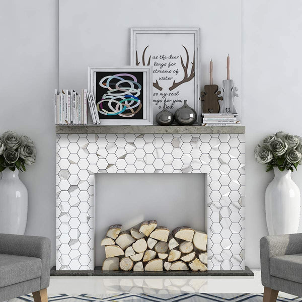 White Marble Look Hexagon PVC Mixed Silver Metal Chips - UK